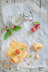 Fresh cake with apples on rustic table