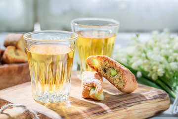Closeup of delicious biscotti with Vin Santo wine