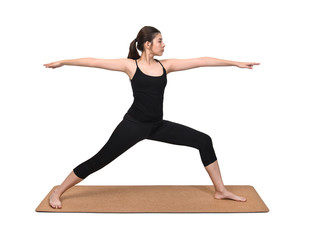 Young woman exercise pose on yoga mat on white background