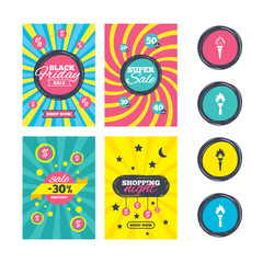 Torch flame icons. Fire flaming symbols.