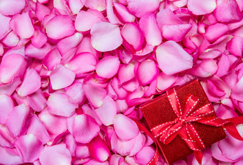 Romantic red rose petals with gift box background