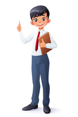 Vector smart young Asian school boy index finger pointing up.
