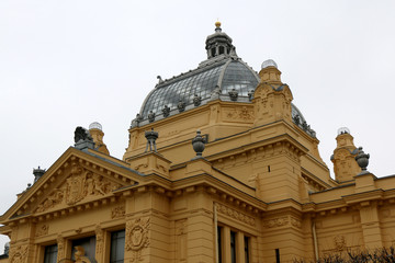 Fototapeta na wymiar Dome on historic Art Pavilion in Zagreb, Croatia on rainy winter day. 