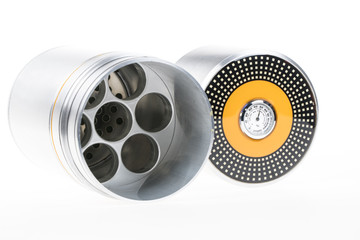 Humidor aka humidifier for Cuban Cigars, round stainless steel case with a built in hygrometer and room for seven cigars