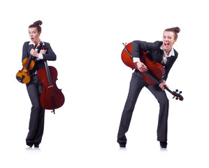 Woman fiddler isolated on white background