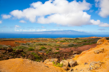 Fototapeta na wymiar Lanai, Hawaii. Garden of the Gods. Red rocks and blue sky. 