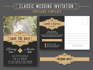 Classic vintage wedding invitation card design, suitable for both traditional and modern trend, you can replace your wedding couple image. Save the date and RSVP postcard template. Vector illustration