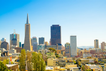 Fototapeta na wymiar San Francisco cityscape skyline on a sunny day. Down town financial district