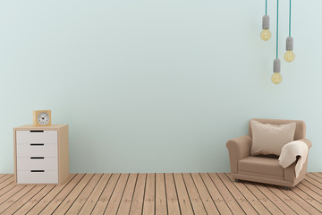 sofa design in the empty room with lightbulb in 3D illustration