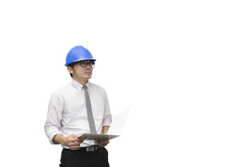 The construction engineer hold the paper with the white background