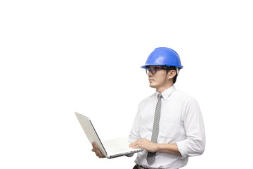The isolate scene of engineer hold the laptop by the hand