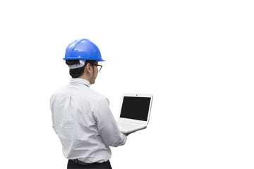 The isolate scene of engineer hold the laptop by the hand