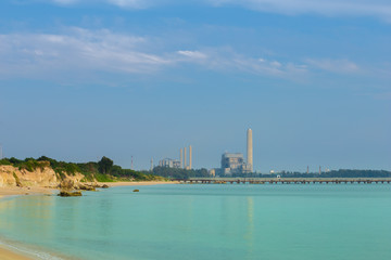 Obraz premium Sai Thong beach and sea with electrical power plant , Rayong, Th