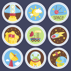 Space objects cartoon icons. Starting rocket, sun in clouds, satellite, exploration rover, comet, moon with turkey flag, parabolic antenna, cute alien, planet Earth vectors isolated on blue background