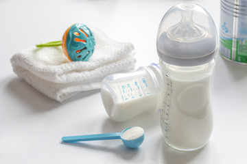 preparation of mixture baby feeding on white background