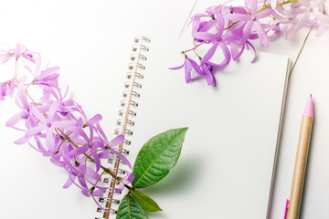 Blank notebook with pen and purple flowers on white wooden backg