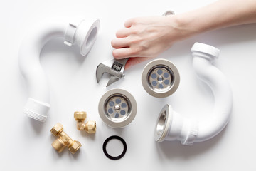 concept plumbing work top view on white background