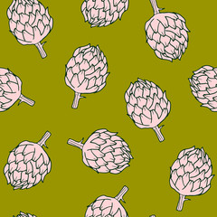 Hand drawn vector seamless pattern with pink artichoke on green background. Vegetable illustration, healthy food, organic.