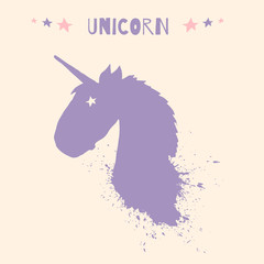 Magic unicorn head vector logo template with watercolor splashes and stars isolated on beige background. Kids illustration for design prints, greeting cards, posters and birthday invitations.