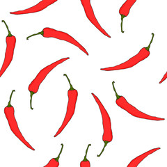 Hand drawn vector seamless pattern with red hot chili peppers isolated on white background. Farm vegetables, healthy food, organic.