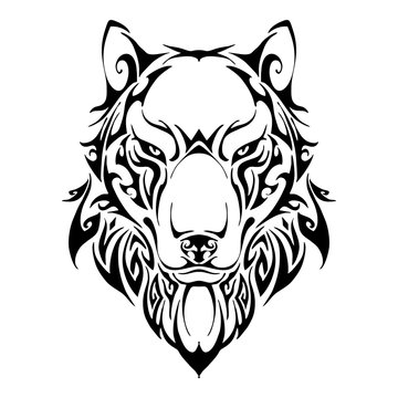 Wolf head symmetry balance tribal tattoo silhouette vector with white isolate background