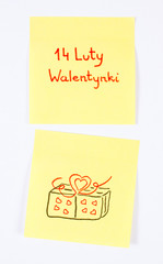 Symbols of Valentines Day drawn on paper, polish inscription 14 February Valentines, symbol of love