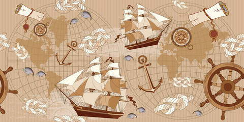 Old map seamless pattern. Vintage compass, sailboat, anchor