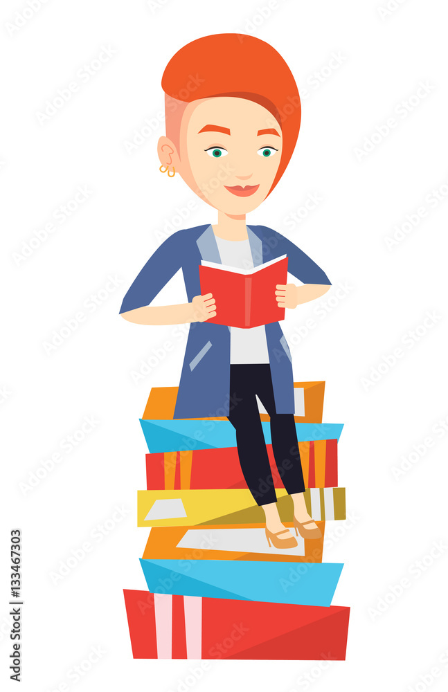 Canvas Prints Student sitting on huge pile of books.