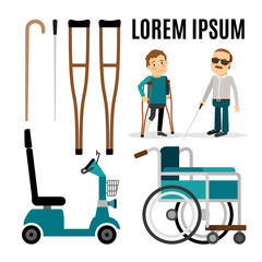 Disabled people and accessories flat vector icons. Wheelchair and crutches. People with special needs illustration