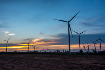 Huay Bong Wind Farm Thailand on sunset