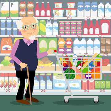 Grandfather in shop. Elderly man in store with shopping cart full of groceries vector illustration