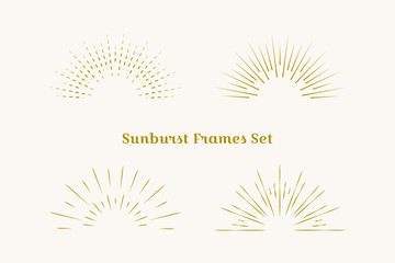 Sunburst frames set. Retro gold Sun burst shape. Vintage explosion logo, label, badge. Firework design element. Old light rays. Retro, vintage, hipster style