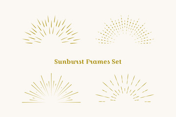 Sunburst frames set. Retro gold Sun burst shape. Vintage explosion logo, label, badge. Firework design element. Old light rays. Retro, vintage, hipster style