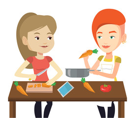 Women cooking healthy vegetable meal.