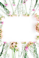 Square frame made of wildflowers. Flat lay, top view. Valentine's background