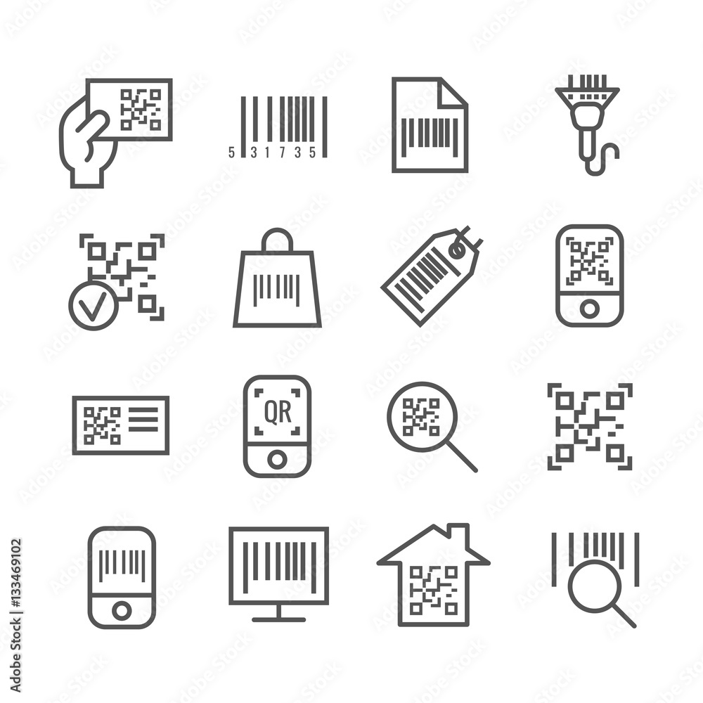 Poster bar and qr code scanning vector thin line icons