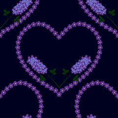 Lilac heart background with branches of flowers, seamless pattern. Floral seamless background for textile, manufacturing, wallpapers, print, gift wrap and scrapbooking.