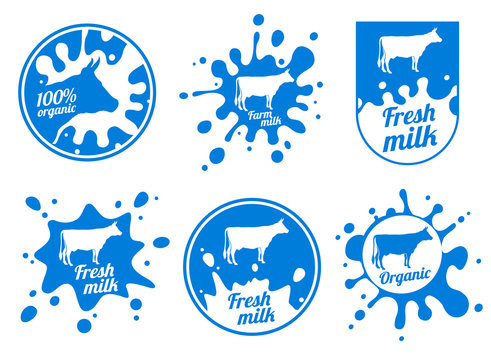 Dairy vintage vector logos, milk badges, cheese packaging labels with farm animal