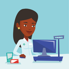 Pharmacist at counter with cash box.