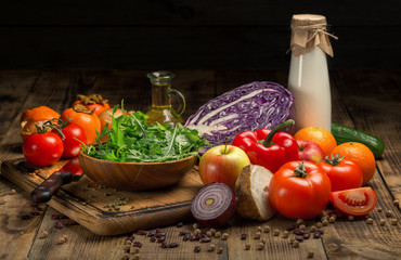 Variety food on a wooden table close up