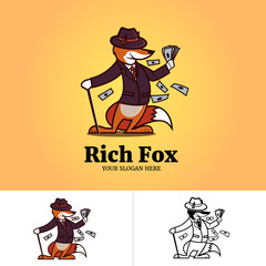 Rich fox character with money and stick. Vector Fox character lo