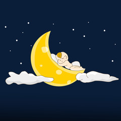 Baby sleeps on a moon. Vector illustration
