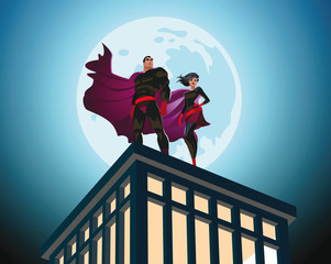 Superhero Couple. Male and female superheroes. Cloudy sky. Vecto