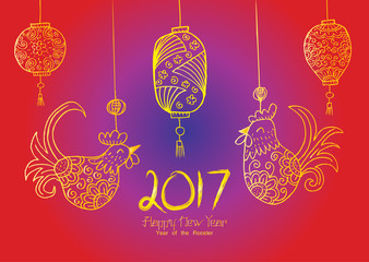 Chinese New Year background with hanging rooster, and lantern. 