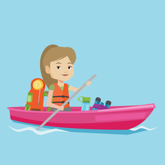 Woman riding in kayak vector illustration.