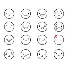 Vector set of emoticons, doodle hand-drawn smiley icons, isolated on white background, different emotions, smile, happy, cry, EPS 8