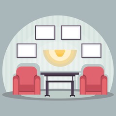 Two soft red armchairs in front of TV. Paintings on the wall. Interior fashionable living room. Design of the housing, homes, apartments. Flat vector illustration. Objects isolated on background.