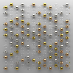3d abstract render illustration. Geometry cloning background. Metal and glass spheres building random repeatable pattern.