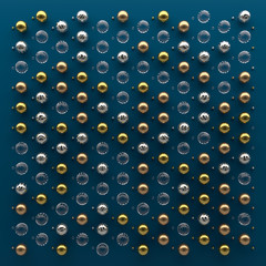 3d abstract render illustration. Geometry cloning background. Metal and glass spheres building random repeatable pattern.