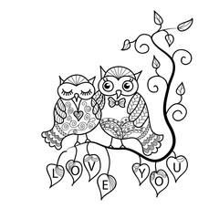 Two cute owls on a tree branch. Hand-drawn owl in doodle art style.Template for coloring books. Card for Valentine's Day.